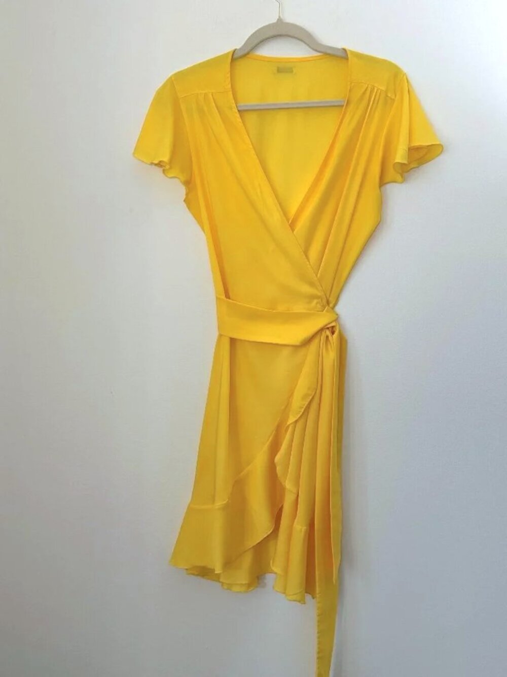 4giveness Bright Canary Yellow Wrap Dress Flutter Sleeve V-Neck Ruffle Mini S